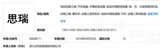 吉利汽车注册瑞字尾商标 未来SUV或将以此命名